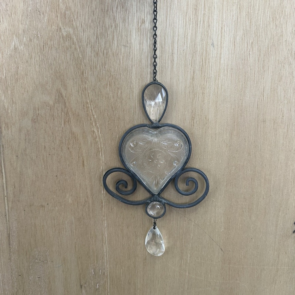 Decorative beveled glass sun catcher Heart Shape Metal scrollwork Dangly Crystal